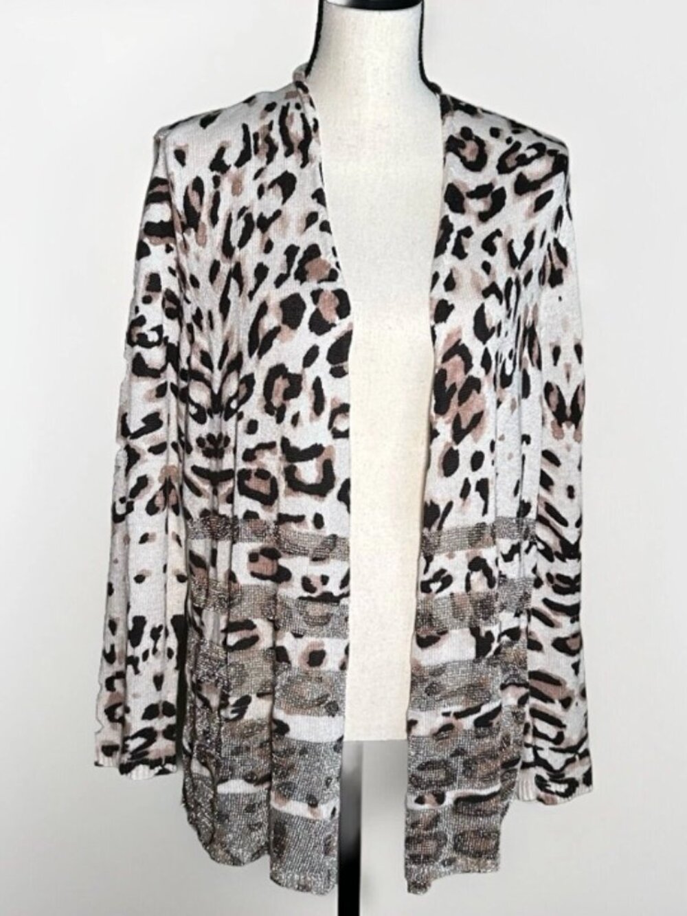 Chico's Open Front Cardigan M Leopard Print Knit Lightweight Metallic Mesh Glam